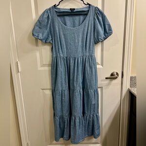 J. Crew Light Blue Denim Puff Sleeve Midi Dress with Pockets | Size 10